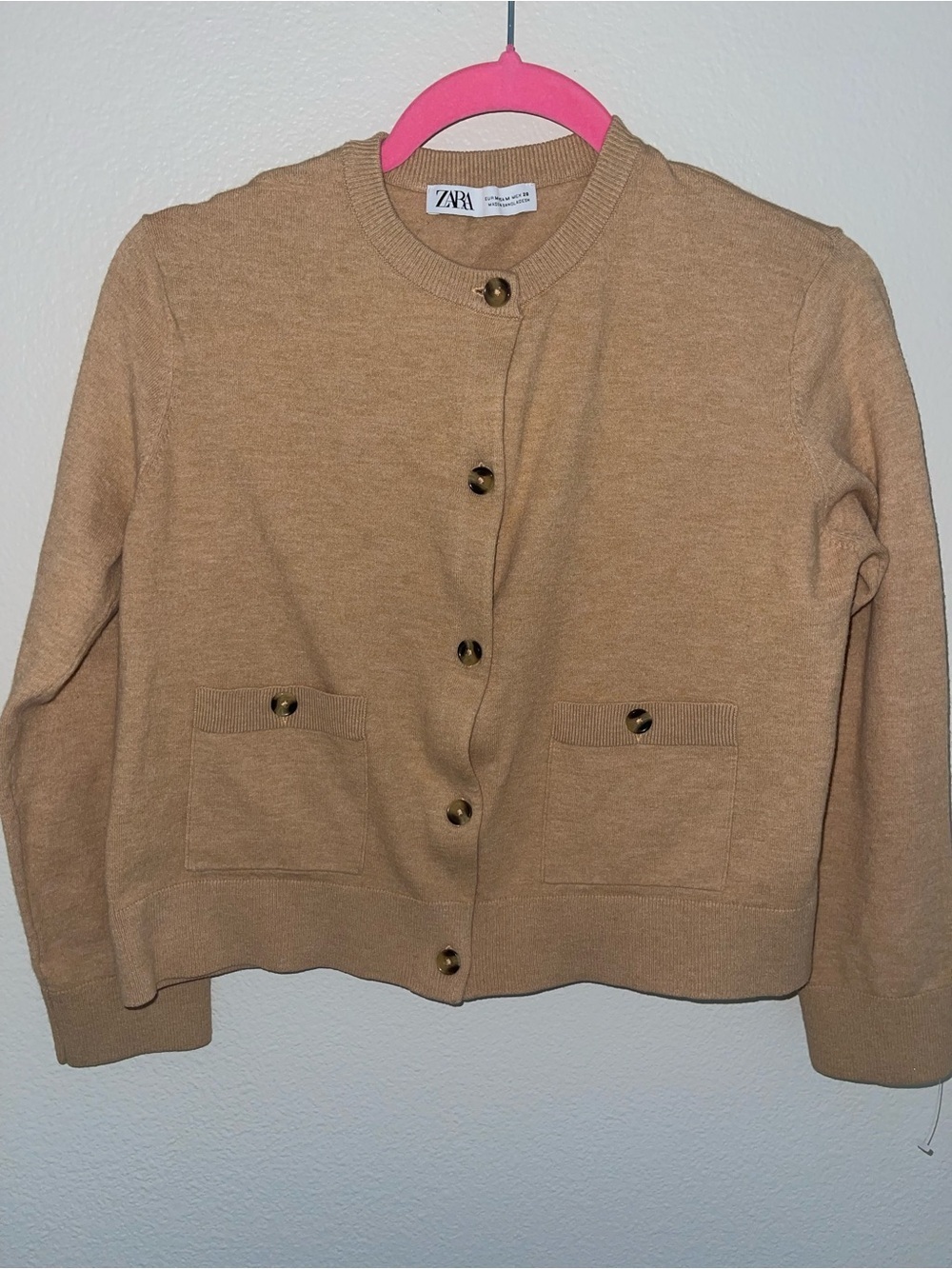 Zara Camel Button-Front Cardigan with Patch Pockets - Picture 2 of 7